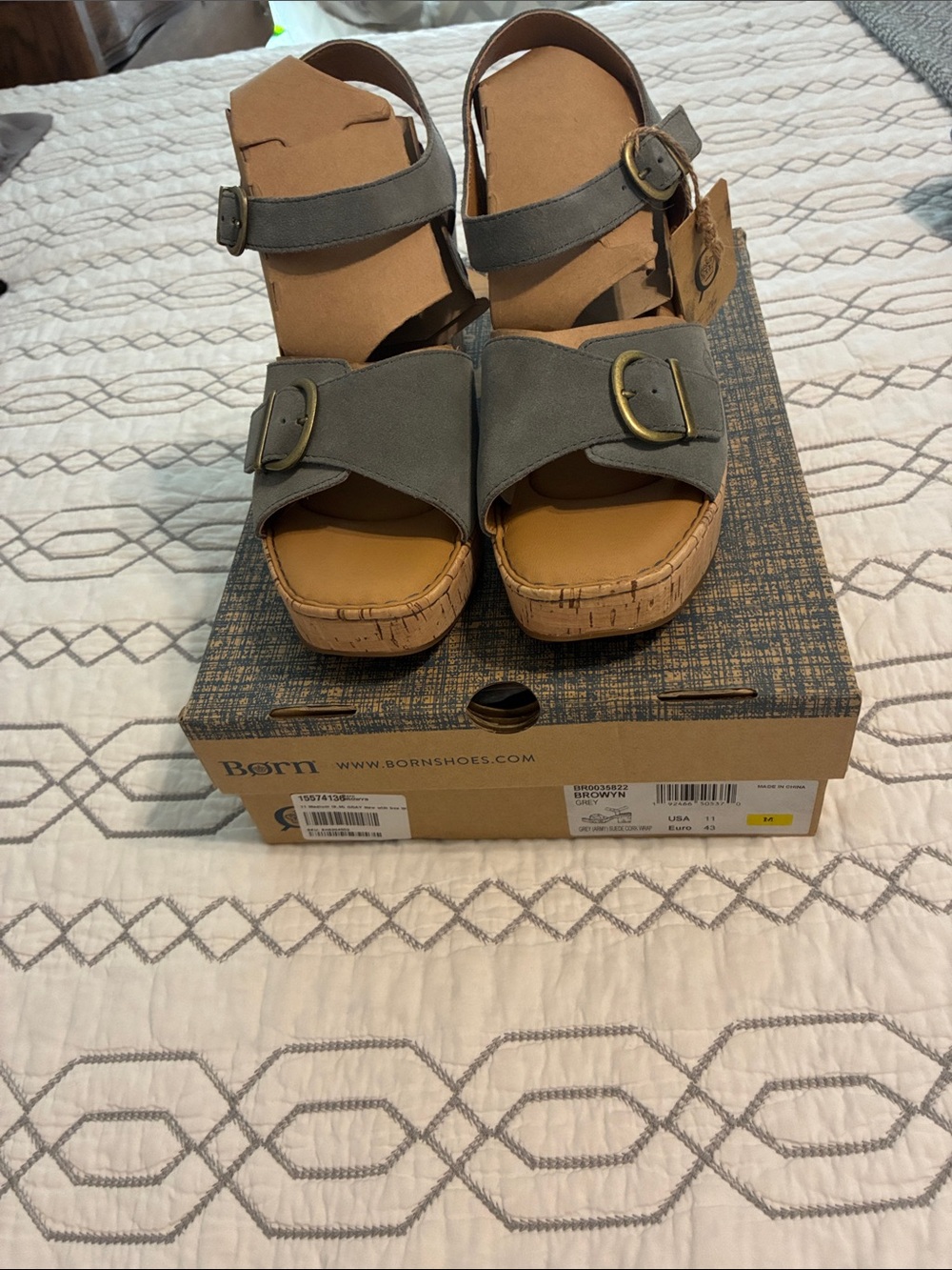 New!!! Born Gray Double-Strap Cork Wedge Sandals with Tan Footbed and Buckles
